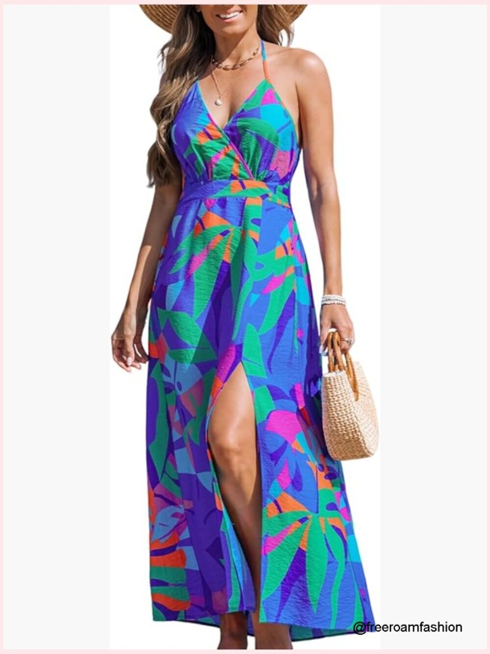 Halter Backless Maxi Dress Spaghetti Strap Side Slit Casual Beach Sundress
